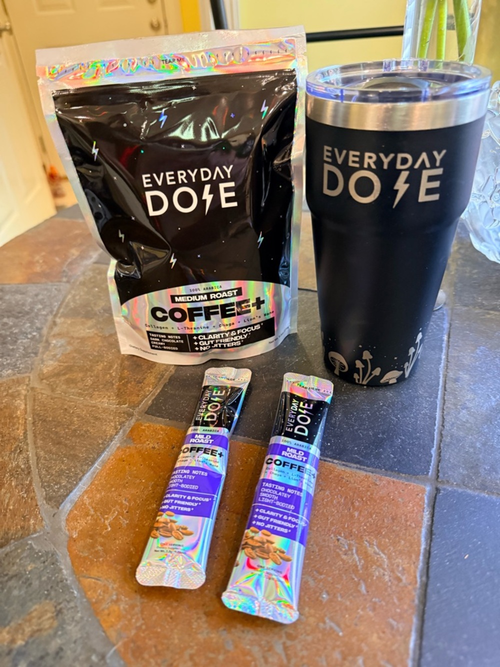Black Coffee+ Medium Roast Instant Coffee Pack & Tumbler plus 2 on the go sticks